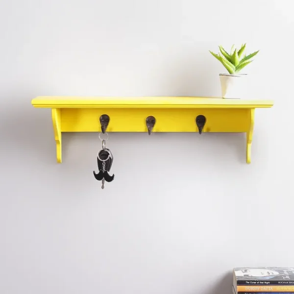 Solid Wood Floating Wall Shelf with Key Holder in Yellow colour by Craft Tree