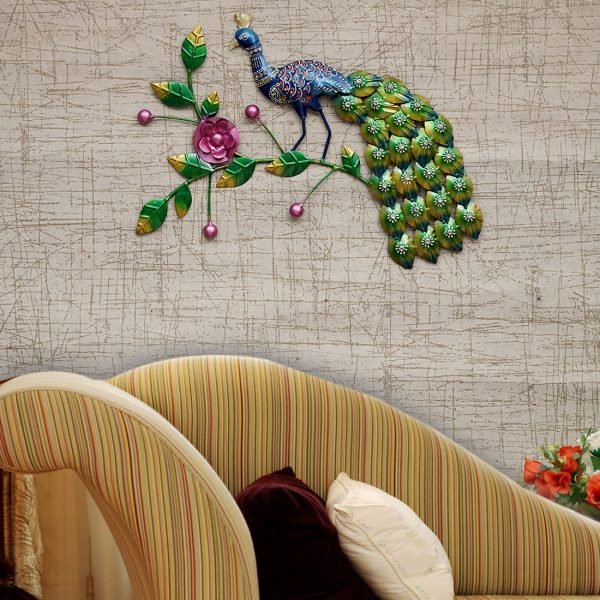 Craft Tree Metal Handpainted Decorative Wall Hanging Peacock Showpiece in Multicolor