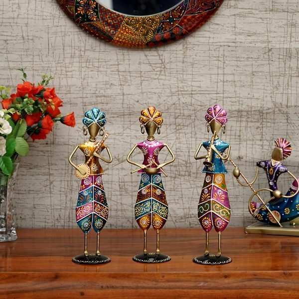 Craft Tree Metal Handpainted Decorative Sardar Musician Showpiece Set of 3 in Multicolor