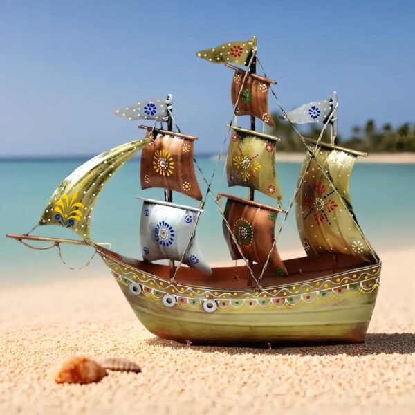 Craft Tree Metal Handpainted Decorative Ship Showpiece in Golden Color