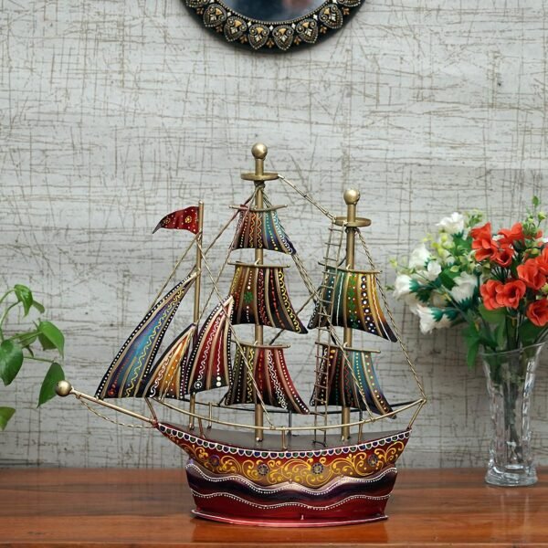 Craft Tree Metal Handpainted Decorative Ship Showpiece in Multi Color