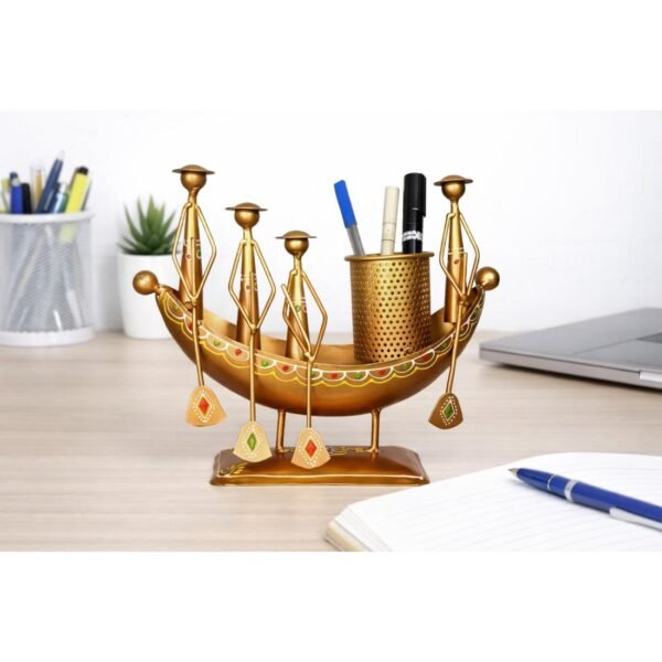 Craft Tree Metal Handpaited Decorative Boat Pen Stand in Golden Finish
