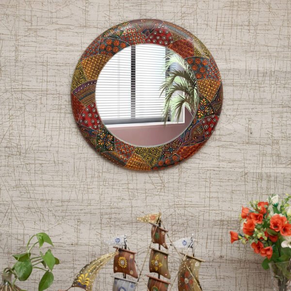 Craft Tree Wooden Handpainted Decorative Wall Hanging Round Mirror Showpiece in Multicolor