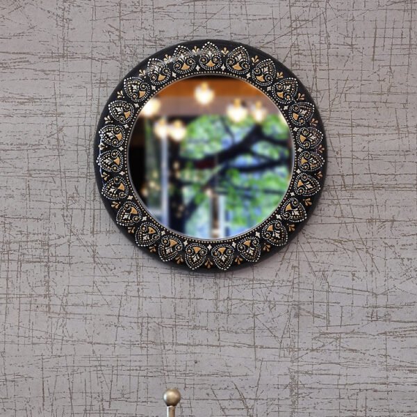 Craft Tree Wooden Handpainted Decorative Wall Hanging Round Mirror Showpiece in blackcolor