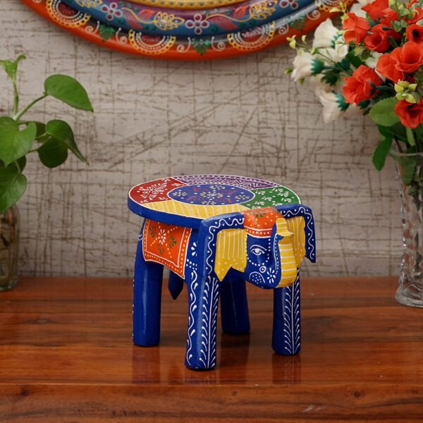 Craft Tree Wooden Handpainted Decorative 6'' Elephant Stool Showpiece in Bluecolor