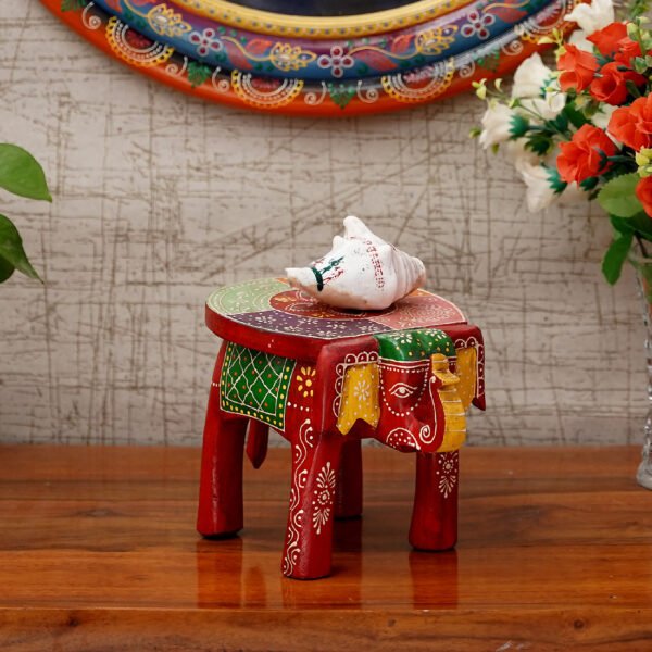 Craft Tree Wooden Handpainted Decorative 6'' Elephant Stool Showpiece in Redcolor