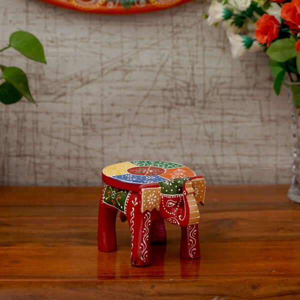 Craft Tree Wooden Handpainted Decorative Elephant Stool Showpiece in Redcolor