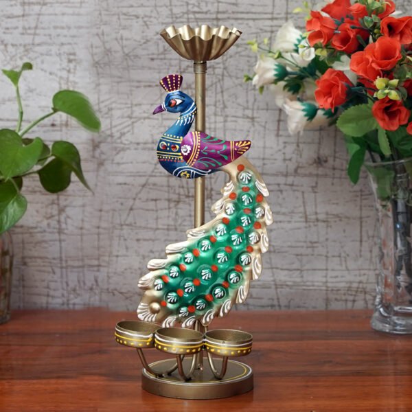 Craft Tree Metal Handpainted Decorative Peacock Tlight Showpiece in Multicolor