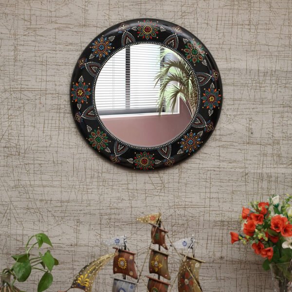 Craft Tree Wooden Handpainted Decorative Wall Hanging Round Mirror Showpiece in blackcolor