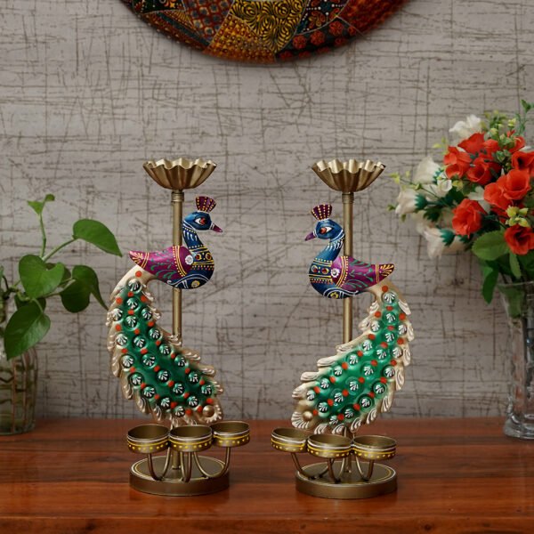 Craft Tree Metal Handpainted Decorative Peacock Tlight Set of 2 Showpiece in Multicolor
