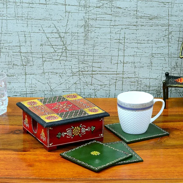 Elora Hand Painted (Set of 1) Engineered Wood Coaster with Storage Case by Craft Tree