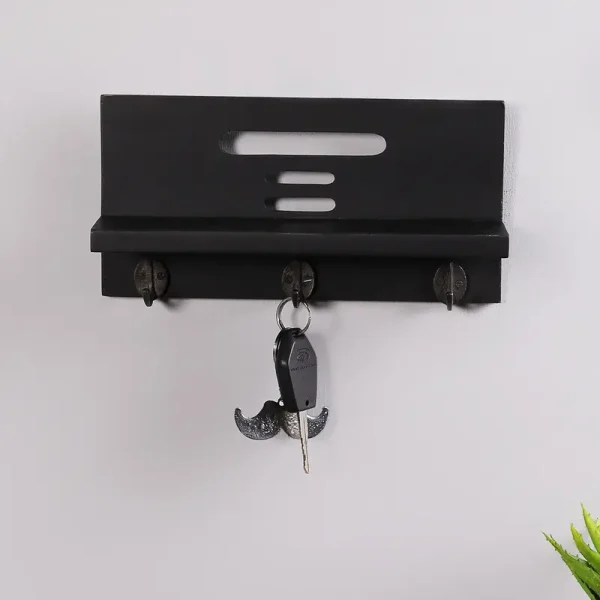 Solid Wood Floating Wall Shelf with Key Holder in Brown colour by Craft Tree