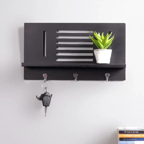 Solid Wood Floating Wall Shelf with Key Holder in Black colour by Craft Tree