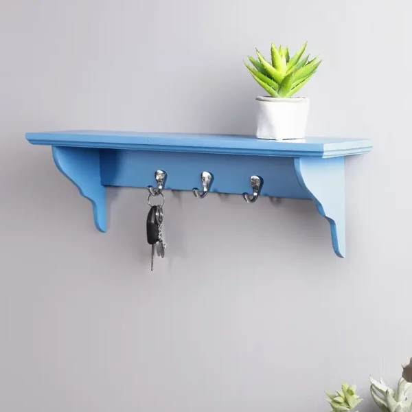 Solid Wood Floating Wall Shelf with Key Holder in Blue colour by Craft Tree