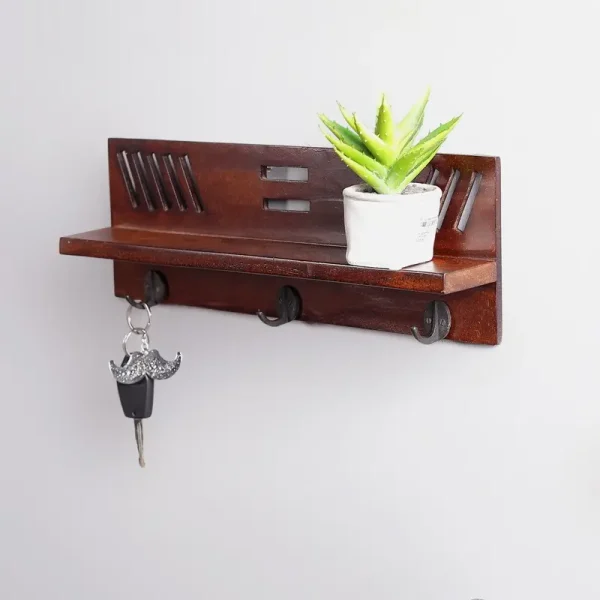 Solid Wood Floating Wall Shelf with Key Holder in Brown colour by Craft Tree