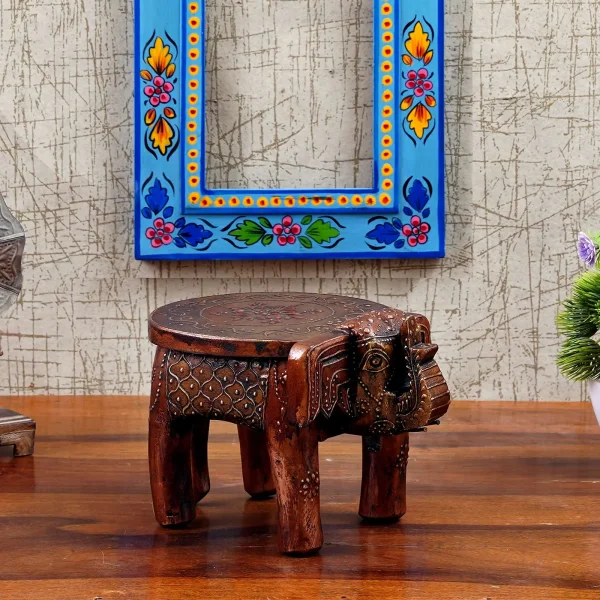 Wooden Mini Copper Elephant Chowki/Flower Pot Stand By Craft Tree