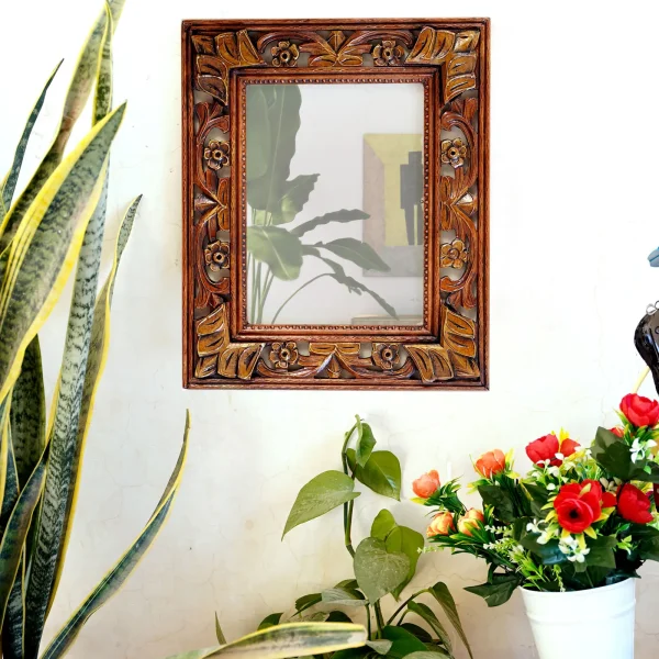 Craft Tree MDF Handcarving Copper Colour Wall Hanging Mirror Size 9*12 Inch