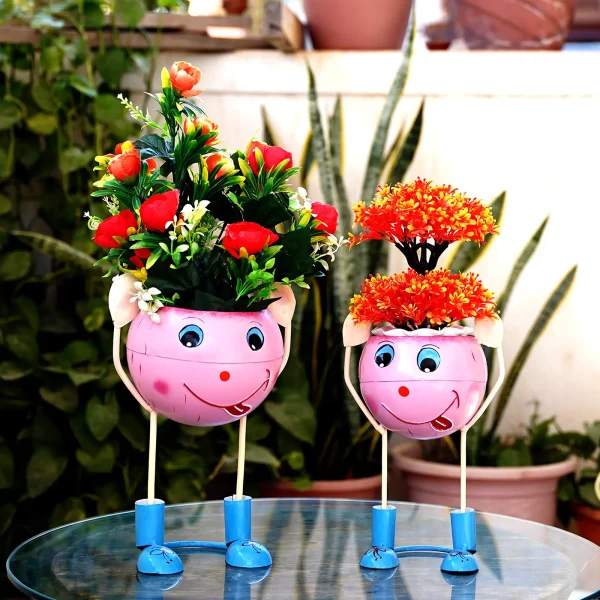 Craft Tree Pink colour Handpainted Metal Doll Flower Basket Set of 2 Showpiece