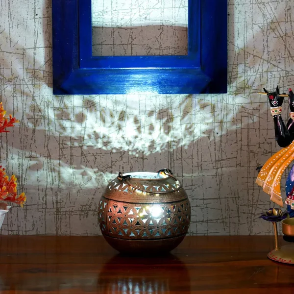 Golden Metal Jali Pot Tlight In Golden Colour by Craft Tree