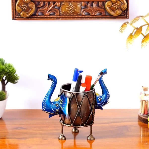 Craft Tree Metal Handpainted Blue Colour Elephant Pen Stand