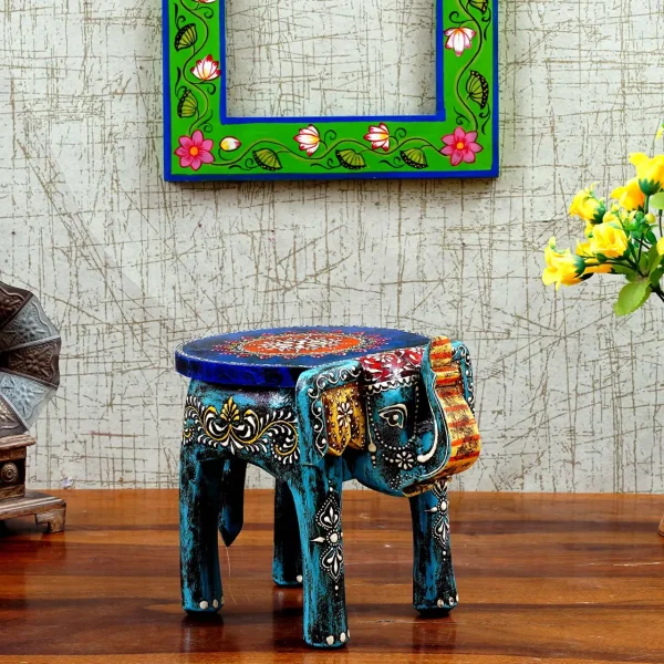 Wooden Mini Blue Elephant Chowki/Flower Pot Stand By Craft Tree