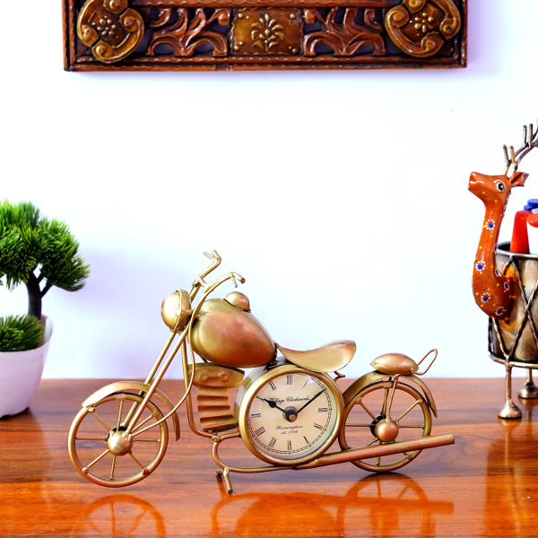 Craft Tree Metal Handpainted Golden Colour Bike Table Clock Showpiece
