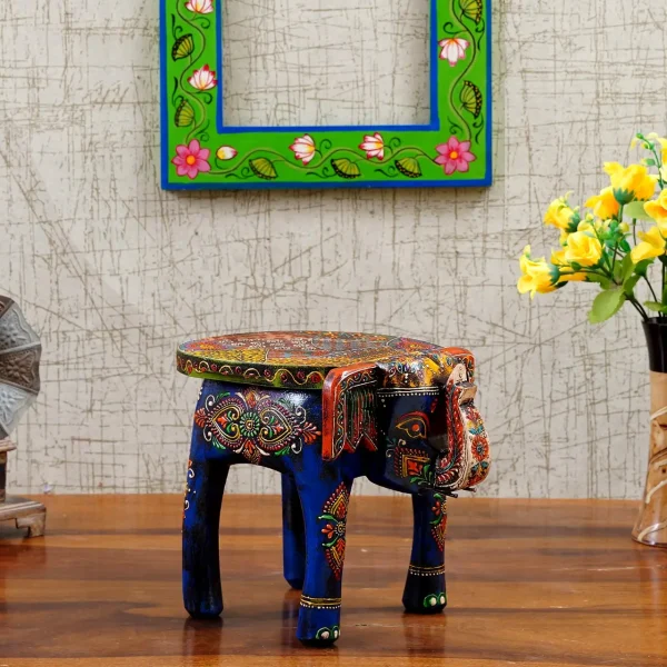 Wooden 8' Blue Elephant Chowki/Flower Pot Stand By Craft Tree