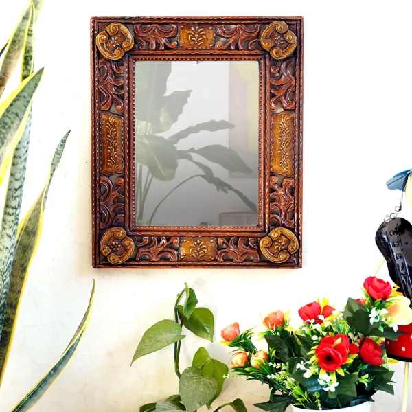 Craft Tree MDF Handcarving Copper Colour Wall Hanging Mirror Size 9*12 Inch