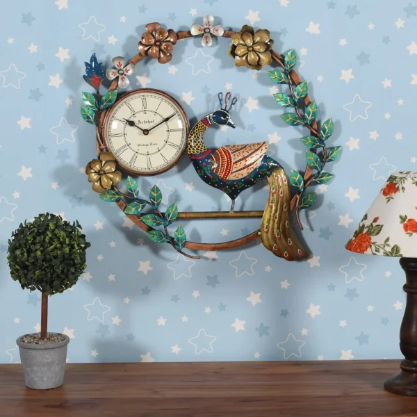 Multicolour Metal Wall Hanging Peacock Clock by Craft Tree
