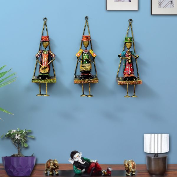 Iron Handpainted Metal Cap Jhula Musician Set of 3 Wall Hanging Art Showpiece By Craft Tree