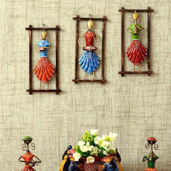 Metal Handpainted Blue Color Lady Musician S/3 Wall Frame By Craft Tree