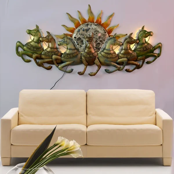 Metal Handpainted Sun With Seven Horse Wall Hanging Art With Led By Craft Tree