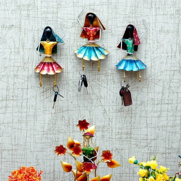 Multicolour Metal Dancing Lady Set of 3 Key Holder By Craft Tree