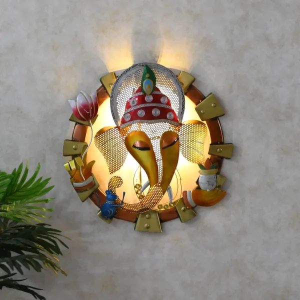 Golden Metal Ganesha Wall Hanging Ring With Led by Craft Tree