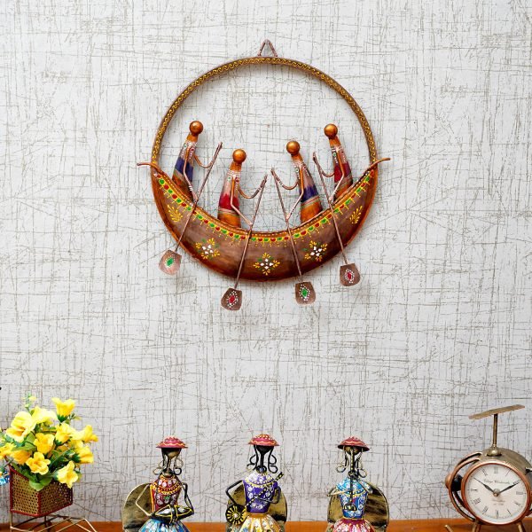 Golden Color Metal Round Shape Boat Miniature Wall Hanging Art by Craft Tree