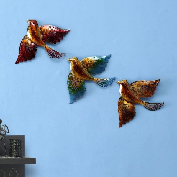 Metal Handpainted Sparrow Iron Wall Hanging Showpiece Art Set of 3 In Copper Color By Craft Tree