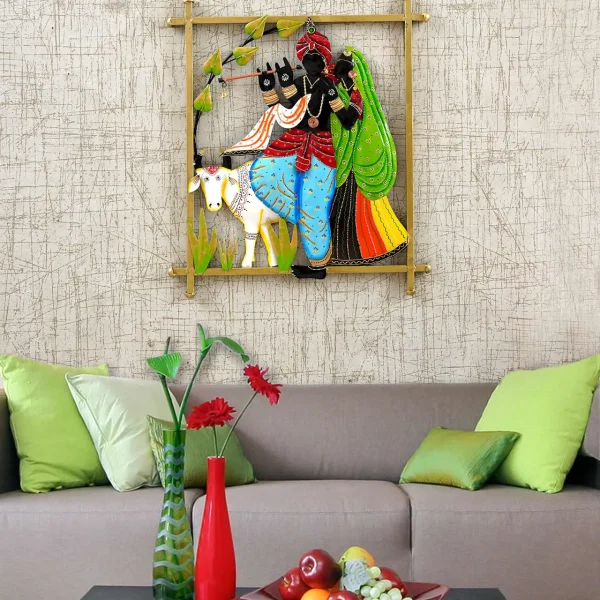 Metal Rectangle Multicolour Radha Krishna  Wall Hanging  By Craft Tree