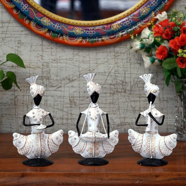 Craft Tree Metal Handpainted Decorative Sardar Musician Showpiece Set of 3 in White Color