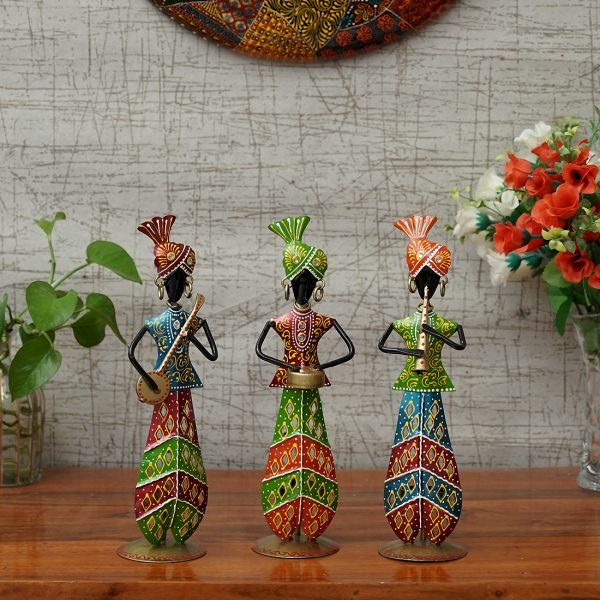 Craft Tree Metal Handpainted Decorative Sardar Musician Showpiece Set of 3 in Multicolor