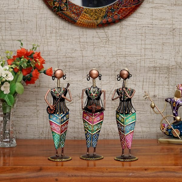 Craft Tree Metal Handpainted Decorative Lady Musician Showpiece Set of 3 in Multicolor