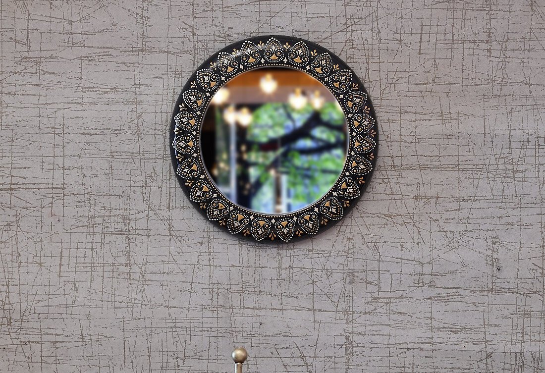 Craft Tree Wooden Handpainted Decorative Wall Hanging Round Mirror Showpiece in blackcolor
