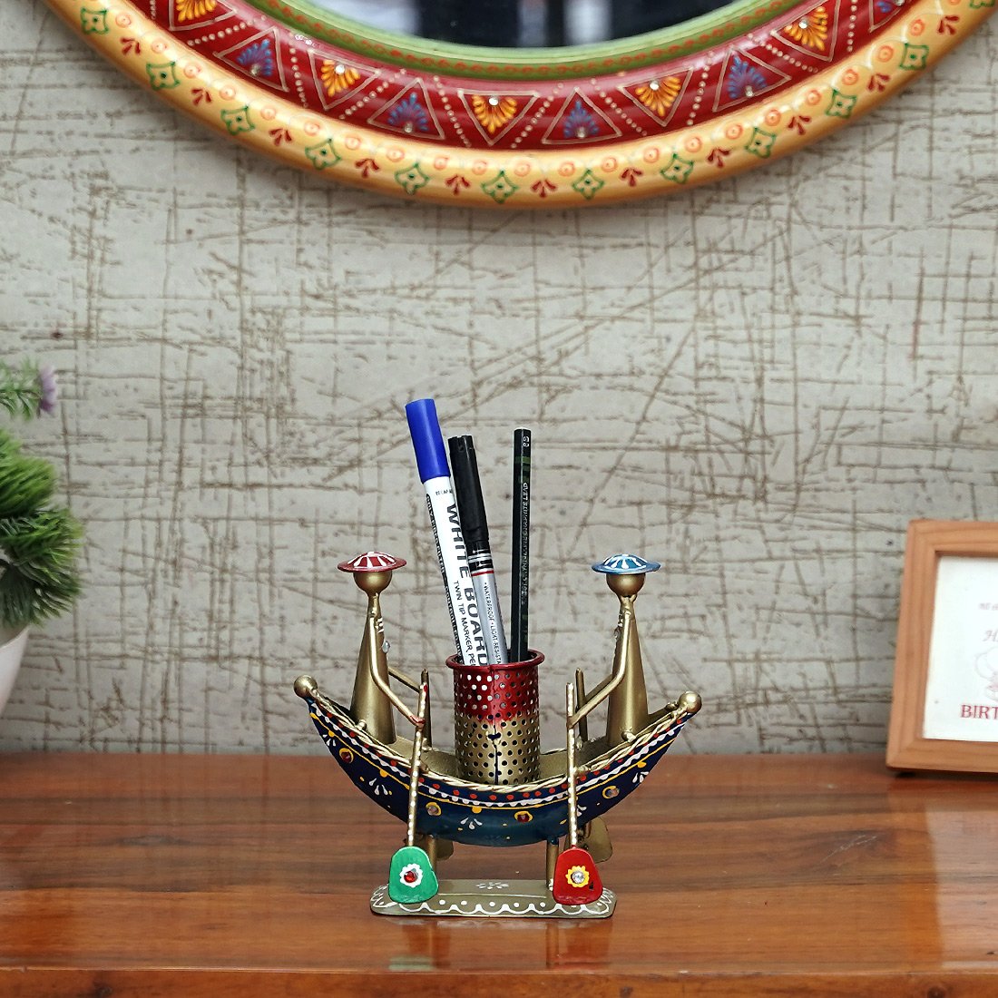 Craft Tree Metal Handpainted Decorative Boat Pen Stand Showpiece in Multicolor