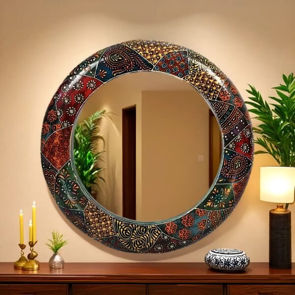 Craft Tree Wooden Handpainted Decorative Wall Hanging Round Mirror Showpiece in Multicolor